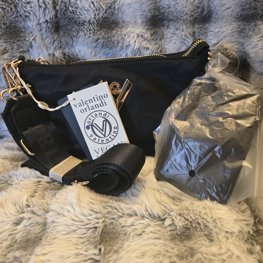 Black Nylon Crossbody Bag with Gold Accents